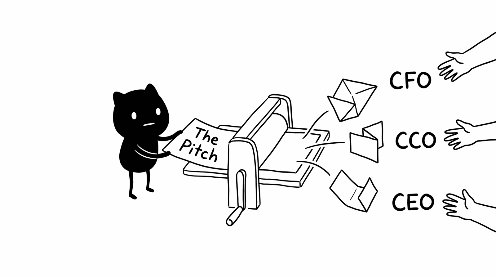 Adam Woozeer illustration for "The MVP Marketer: Inside B2B Ignite's Reckoning with the C-Suite": Adam Woozeer feeds one sheet labeled The Pitch into a hand-cranked press, and three differently folded shapes pop out into the reaching hands of a CFO, a CCO, and a CEO