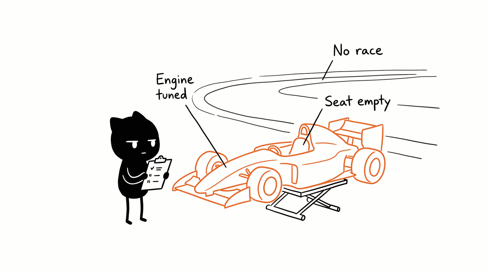 Adam Woozeer illustration for "Revenue Engineering vs RevOps vs GTM engineering": Adam Woozeer stands beside a tuned race car on a stand admiring a readout clipboard, with an empty driver's seat and an empty track behind it