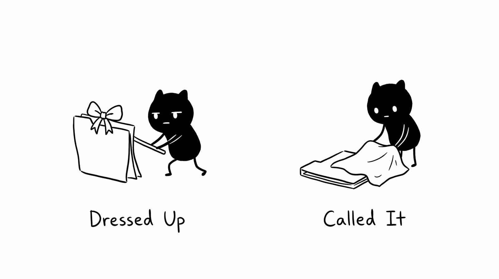Adam Woozeer illustration for "The stalled deal spotter: how marketing stops being reactive in pipeline reviews": on the left Adam Woozeer props up a gift-wrapped folder with a stick to make it look upright, labeled Dressed Up, on the right the same Adam Woozeer calmly drapes a cloth over a flat folder lying still, labeled Called It